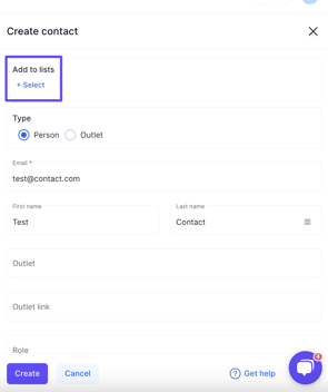 contacts create add to lists
