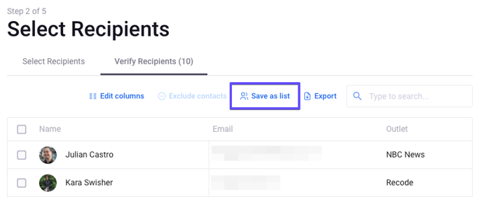 emails select recipients save as list