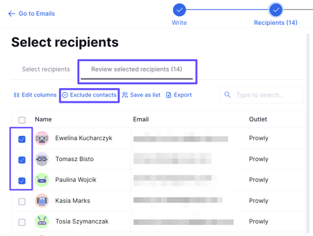 emails verify recipients exclude contacts