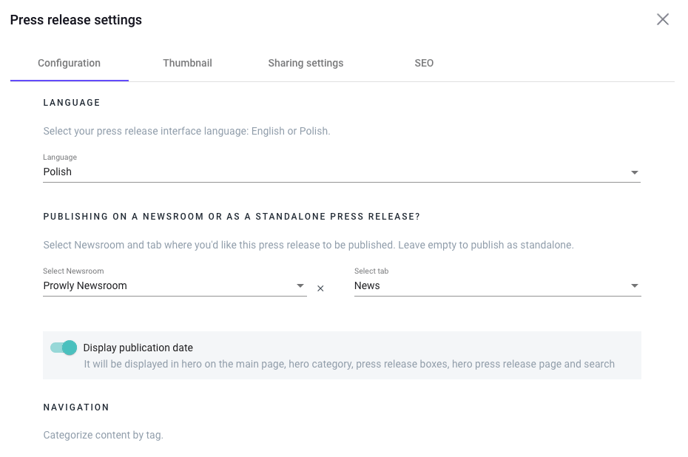 newsroom press release settings window