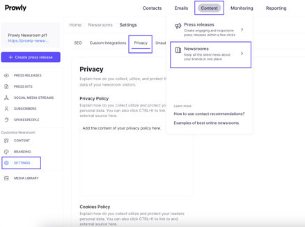 newsroom settings policies